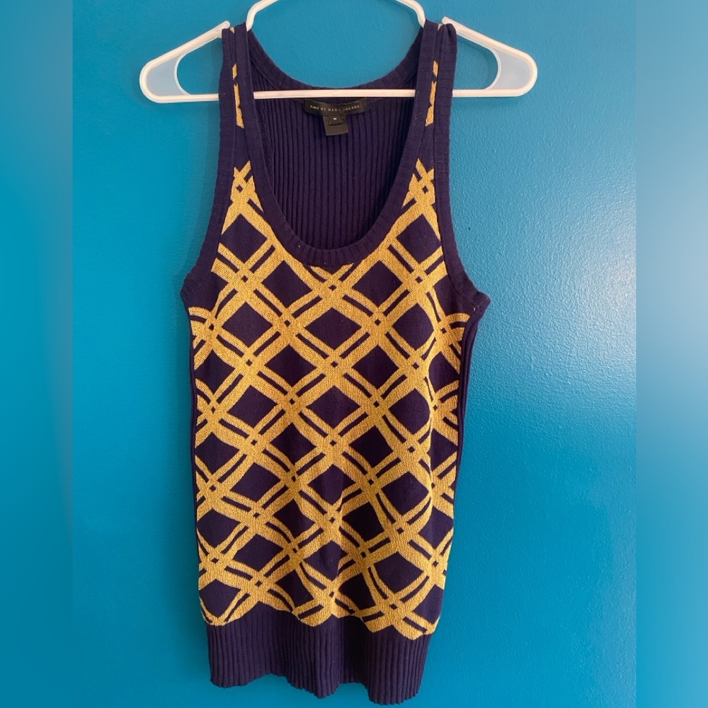 Marc Jacobs Navy and Gold Patterned Knit Tank